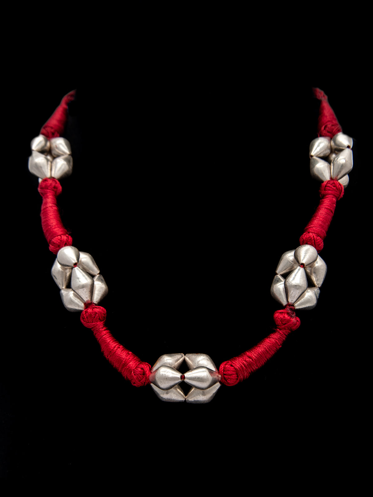 Dholki Bead Delight: 925 Silver Necklace with Red Silk Thread view 3