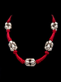 Dholki Bead Delight: 925 Silver Necklace with Red Silk Thread view 3