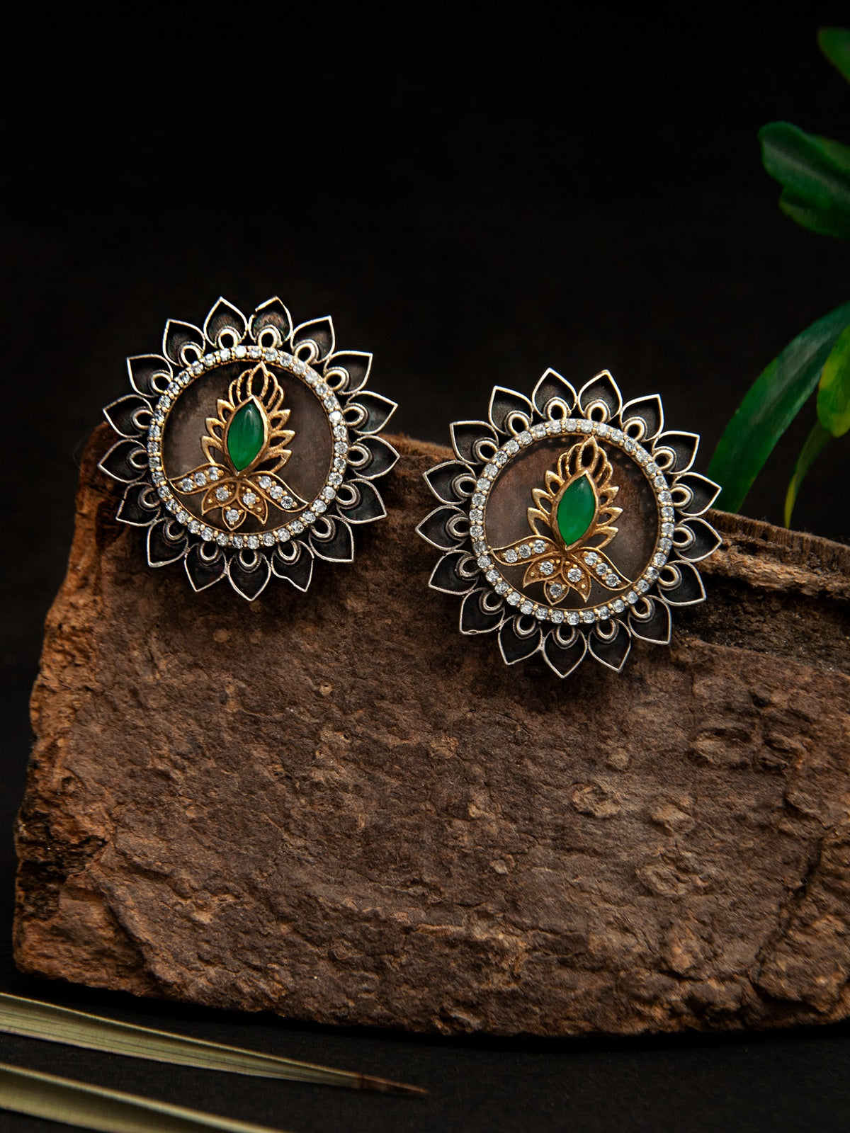 Viridian Vine Intricate Studs: 925 Sterling Silver view 1