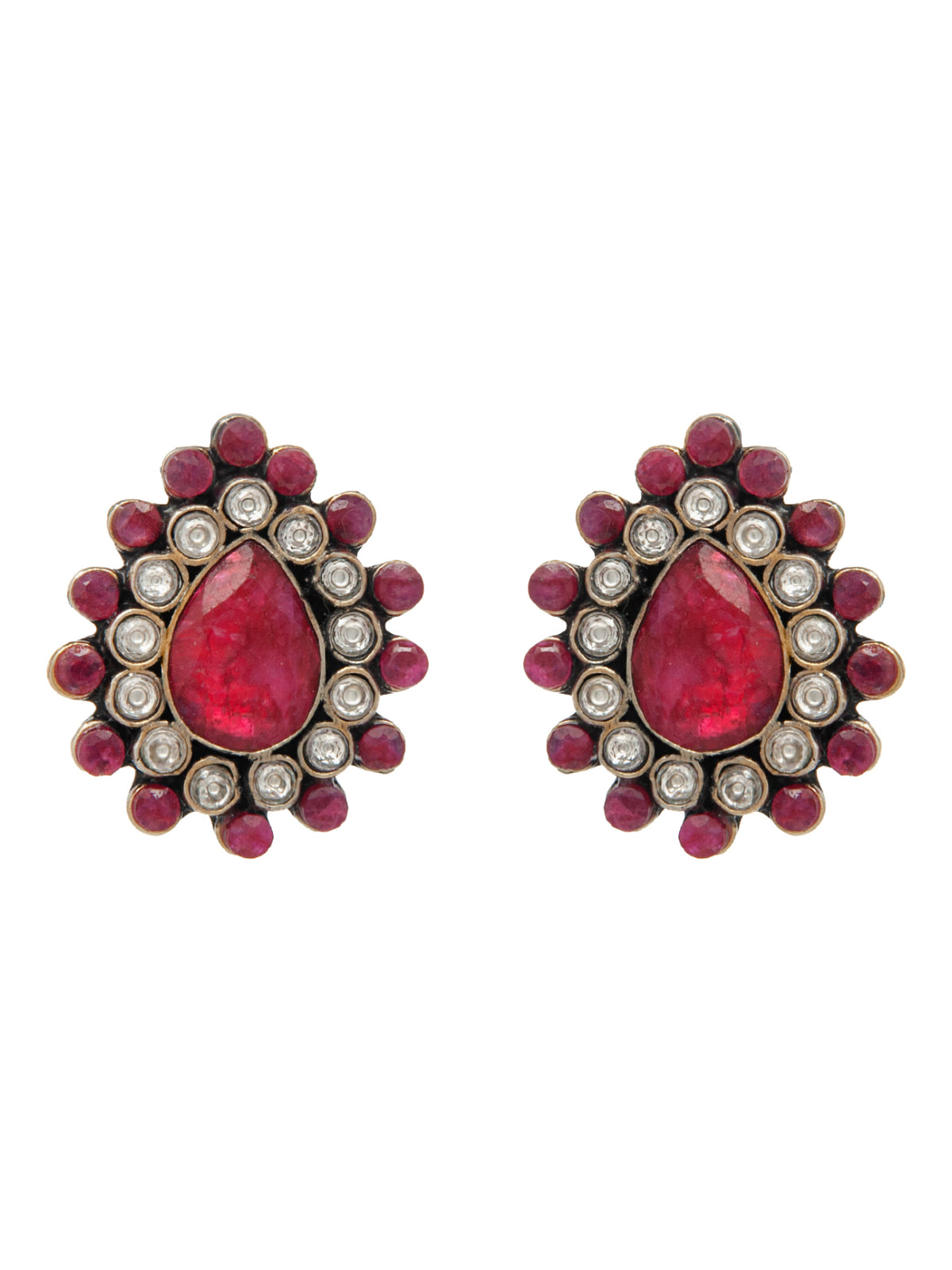 Ratna Kundan Silver Studs: 925 Sterling Silver with Dyed Ruby view 2