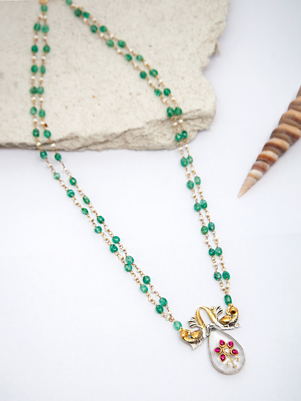 Avian Elegance: 925 Silver Fusion Birds Motif Necklace with Crystal Quartz Inlay Work view 2