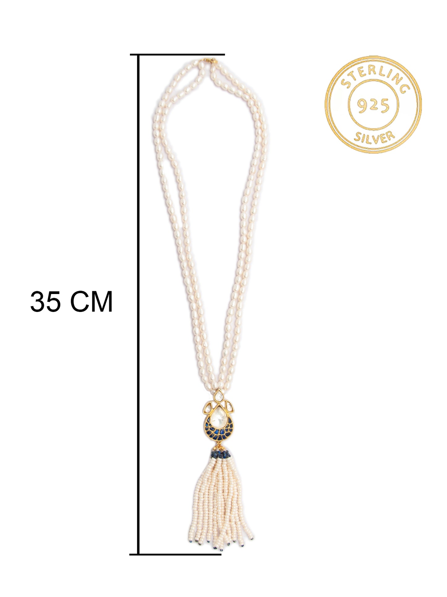 Pearlescent Tassel Elegance: 925 Silver Kundan Pearl Necklace