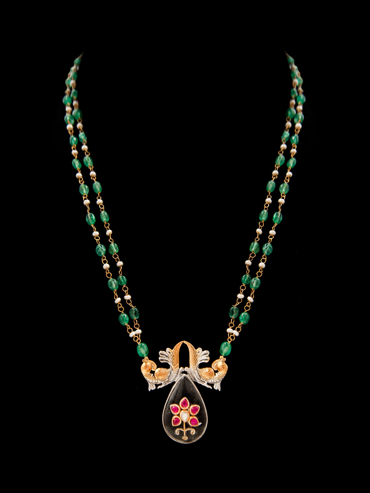 Avian Elegance: 925 Silver Fusion Birds Motif Necklace with Crystal Quartz Inlay Work view 6