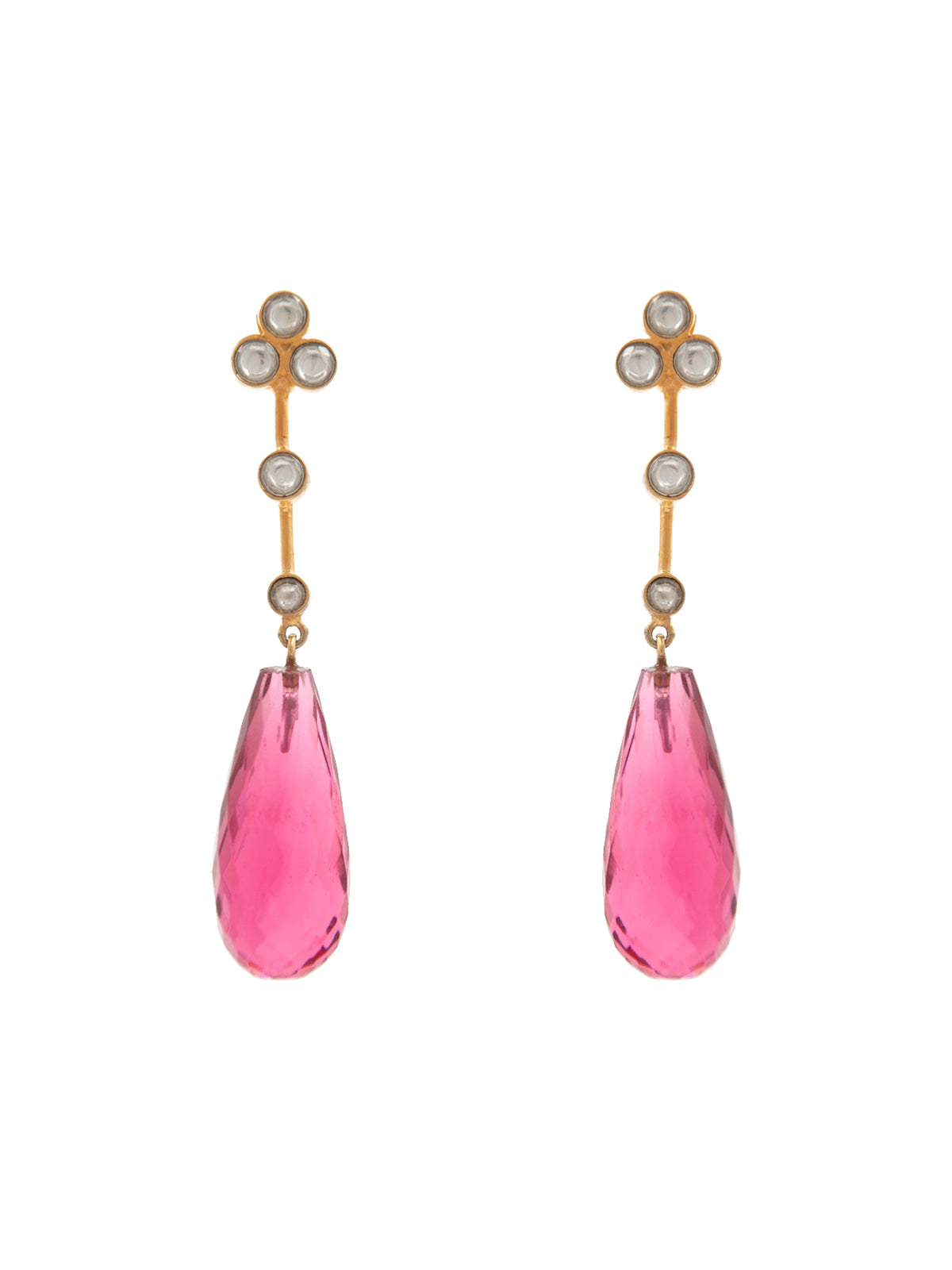 Pink Briolette Kundan Earrings: 925 Sterling Silver Gold Plated view 2