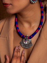 Tribal Ghungroo Symphony: 925 Silver Necklace with Pink and Blue Thread view 4