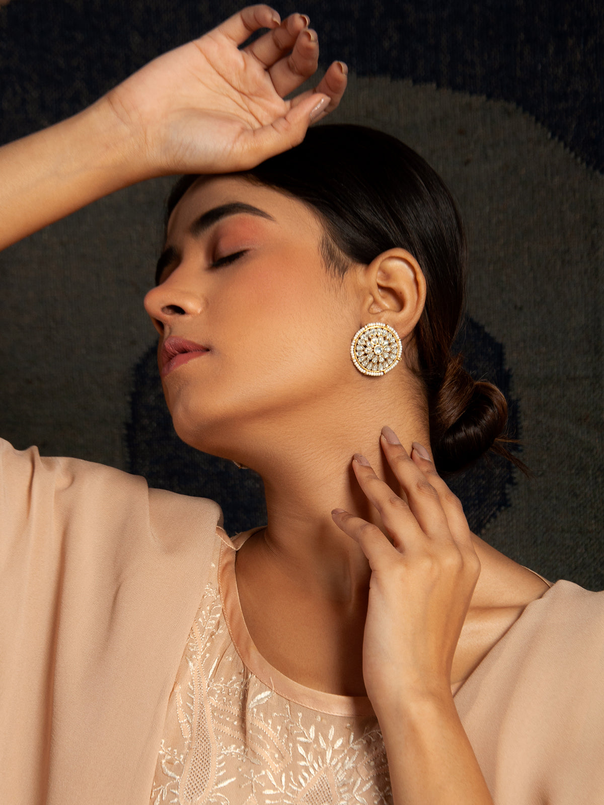 Pearl Radiance: 925 Sterling Silver Circle Earrings with Kundan and Pearl view 4