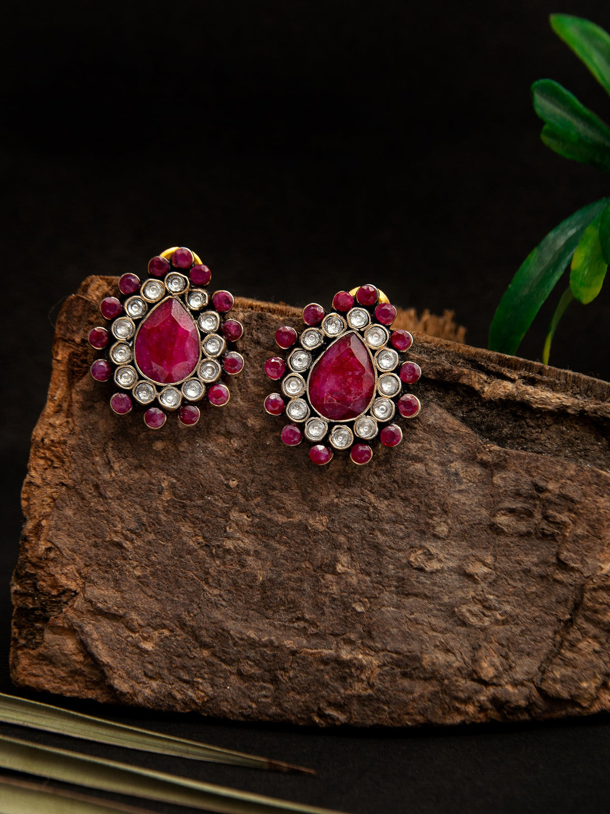 Ratna Kundan Silver Studs: 925 Sterling Silver with Dyed Ruby view 3