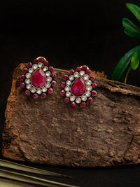 Ratna Kundan Silver Studs: 925 Sterling Silver with Dyed Ruby view 3