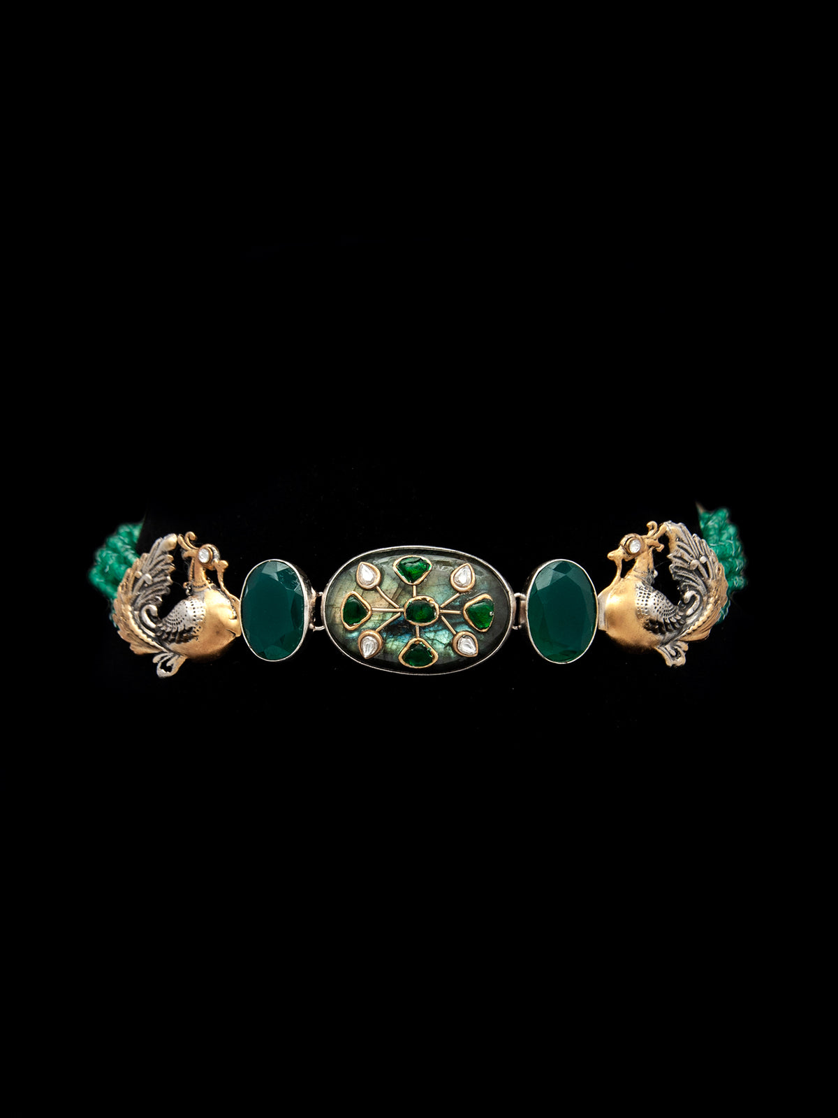 Fusion Green Bird Choker: 925 Silver with Labradorite Kundan Gemstone view 5