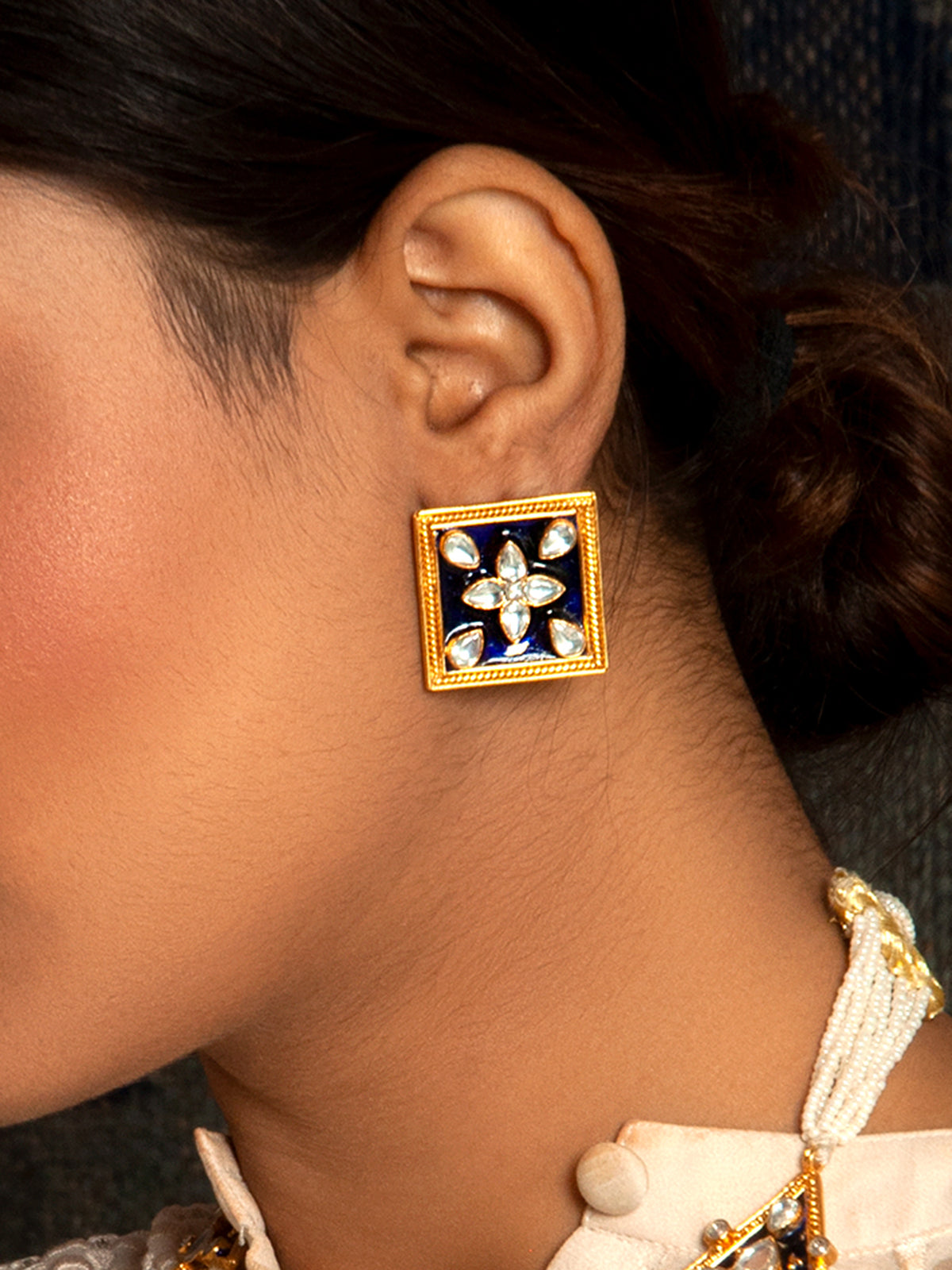 Sona Meenakari Swarna Studs: 925 Sterling Silver Gold Plated view 3