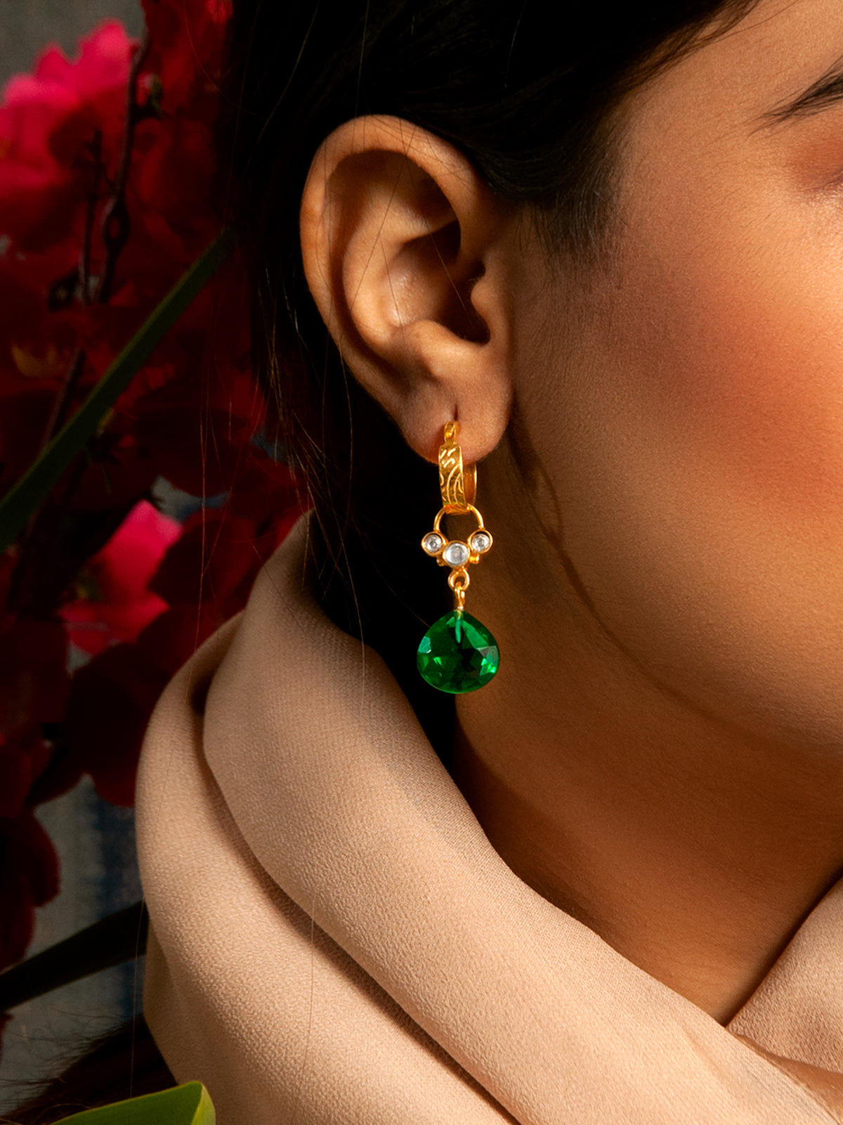 Green Glow Modern Hoop Earrings: 925 Sterling Silver Gold Plated view 3