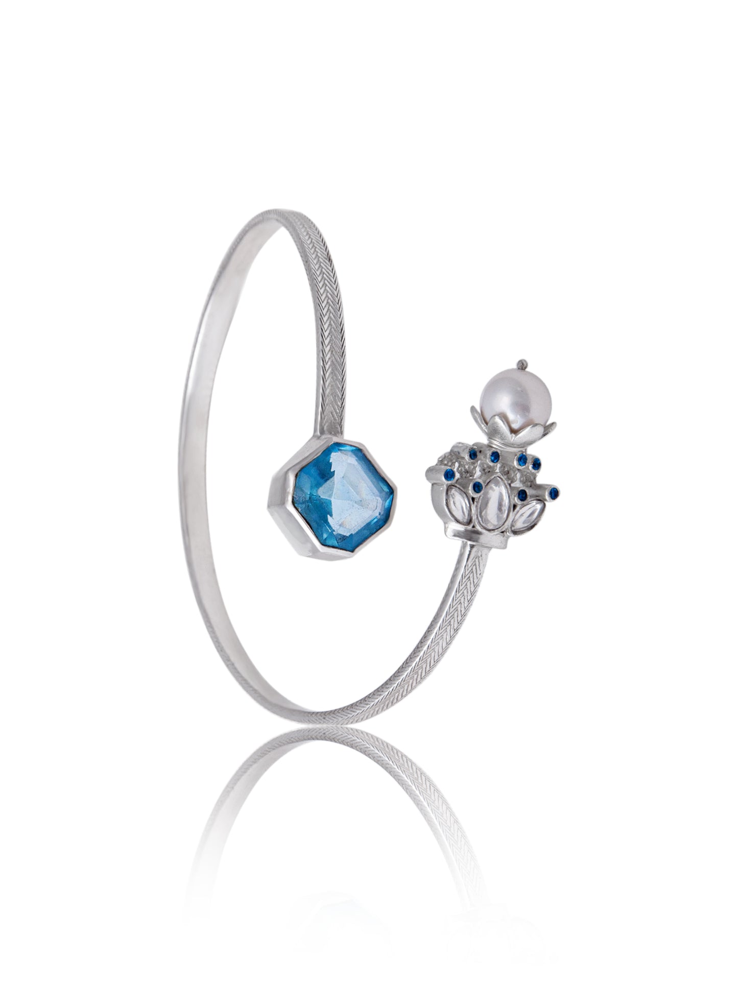 925 Sterling Silver Bangle With Aquamarine Pearl Kundan & CZ Stone