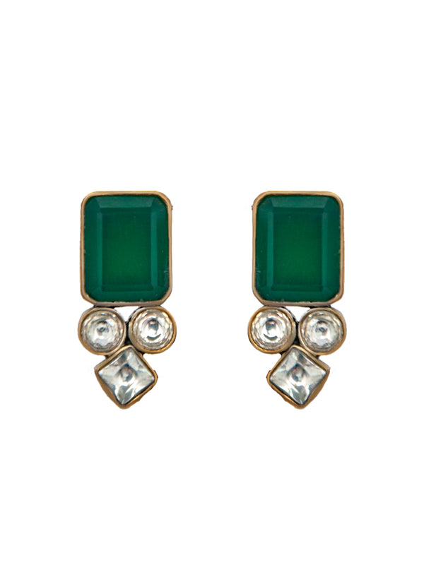 Vrindavan Green Onyx and White Kundan Studs: 925 Sterling Silver alternate