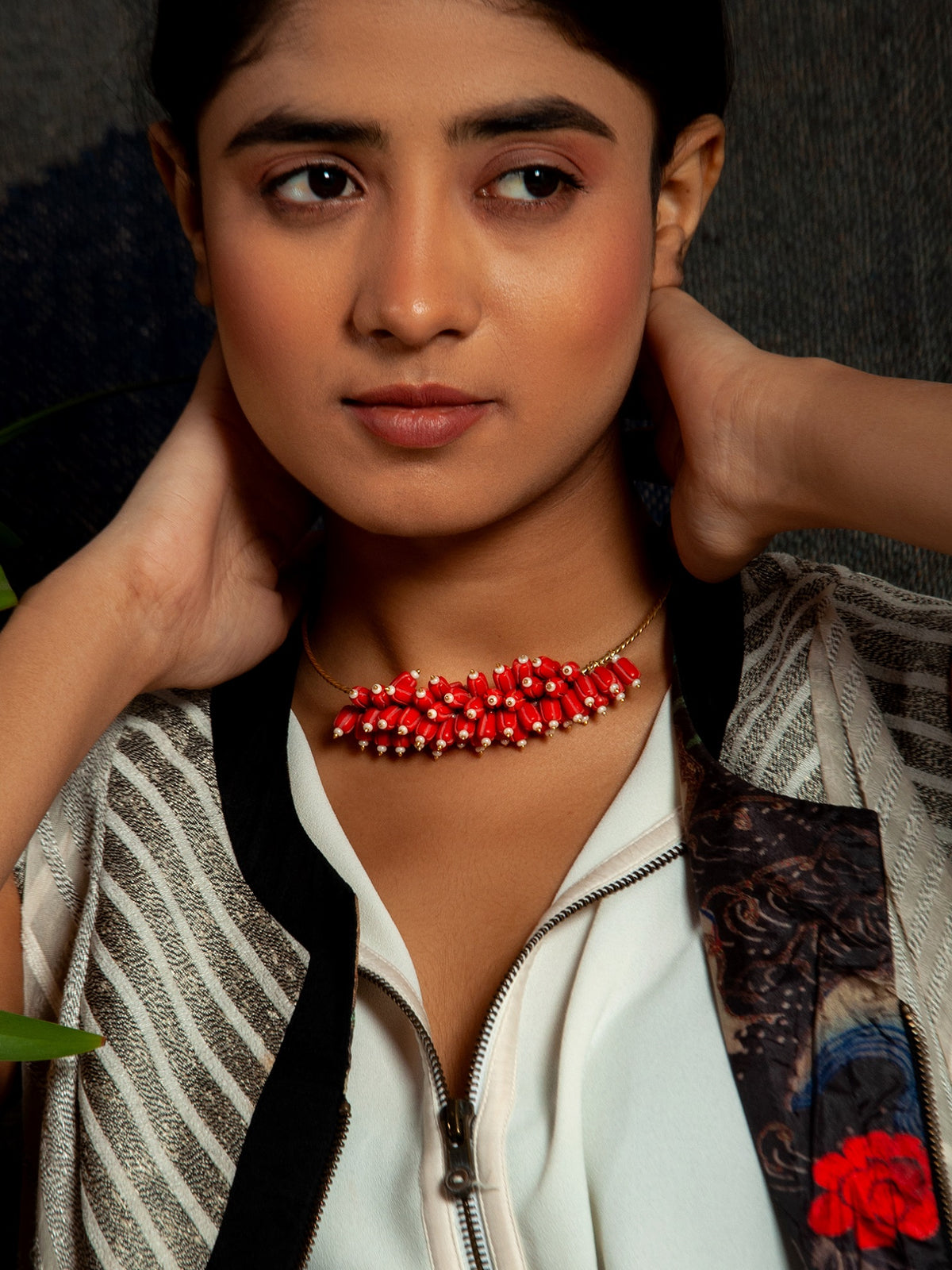 Crimson Coral Elegance: 925 Silver Gold Plated Hasli Necklace view 4