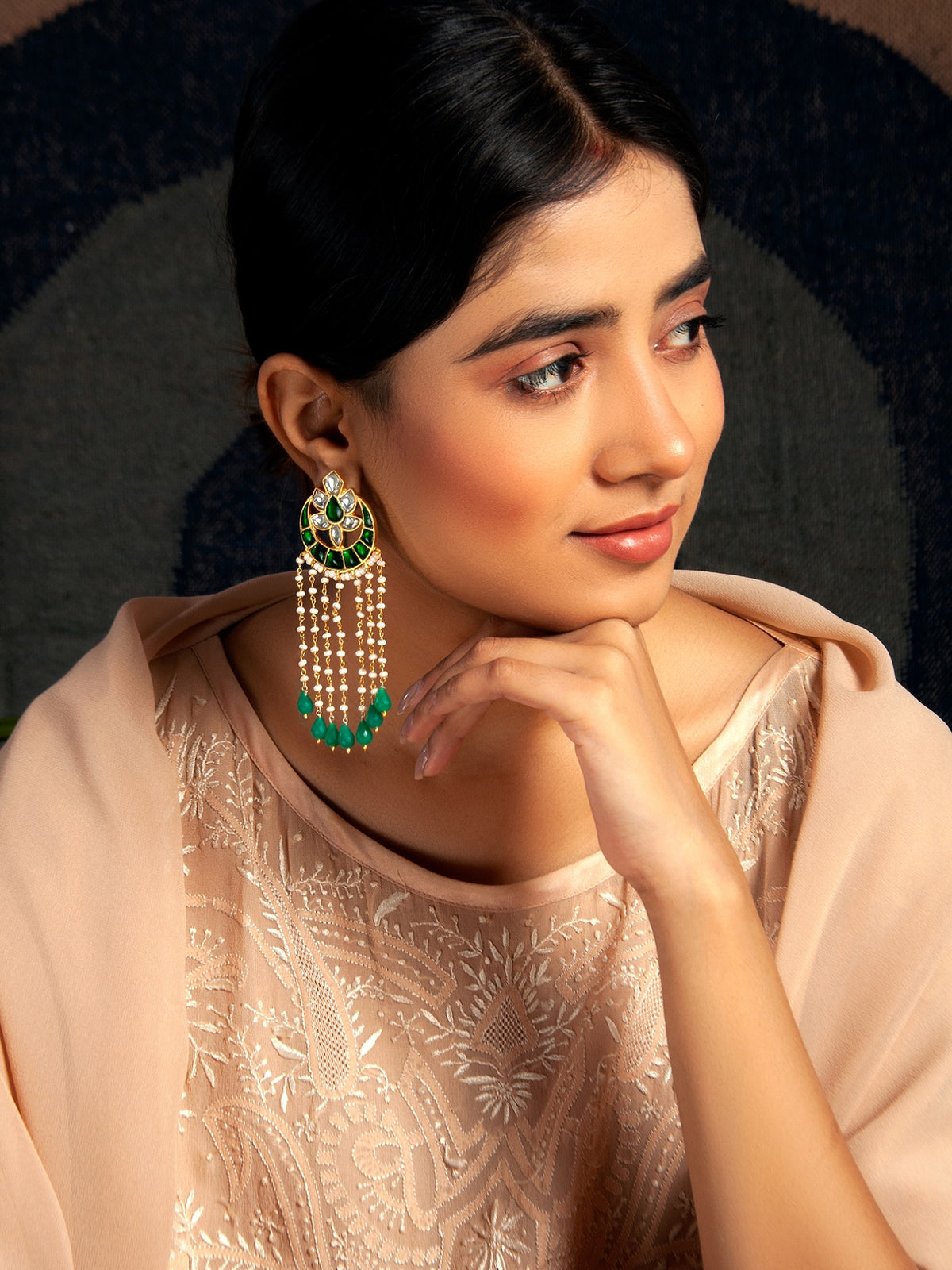 Swarna Moti Chaandbali: 925 Sterling Silver Gold Plated with Green and White Kundan view 3