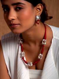 Dholki Bead Delight: 925 Silver Necklace with Red Silk Thread view 4