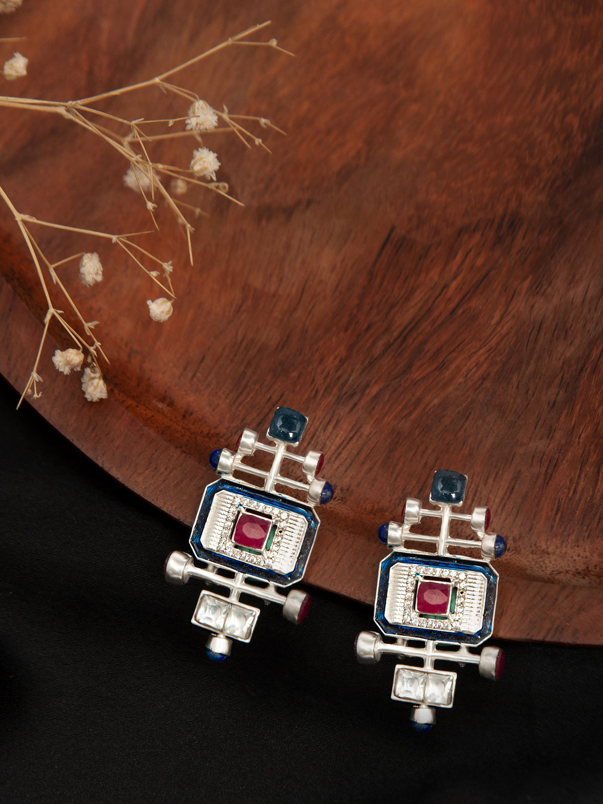 Azure Enchantment Modern Kundan Studs: 925 Sterling Silver view 1