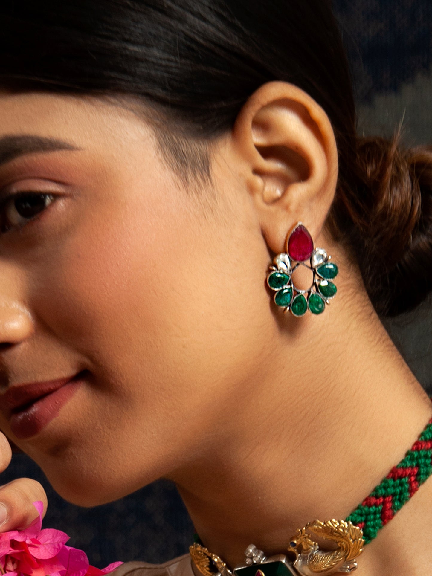 Regal Harmony: 925 Sterling Silver Earrings with Green Onyx, Ruby, and Kundan