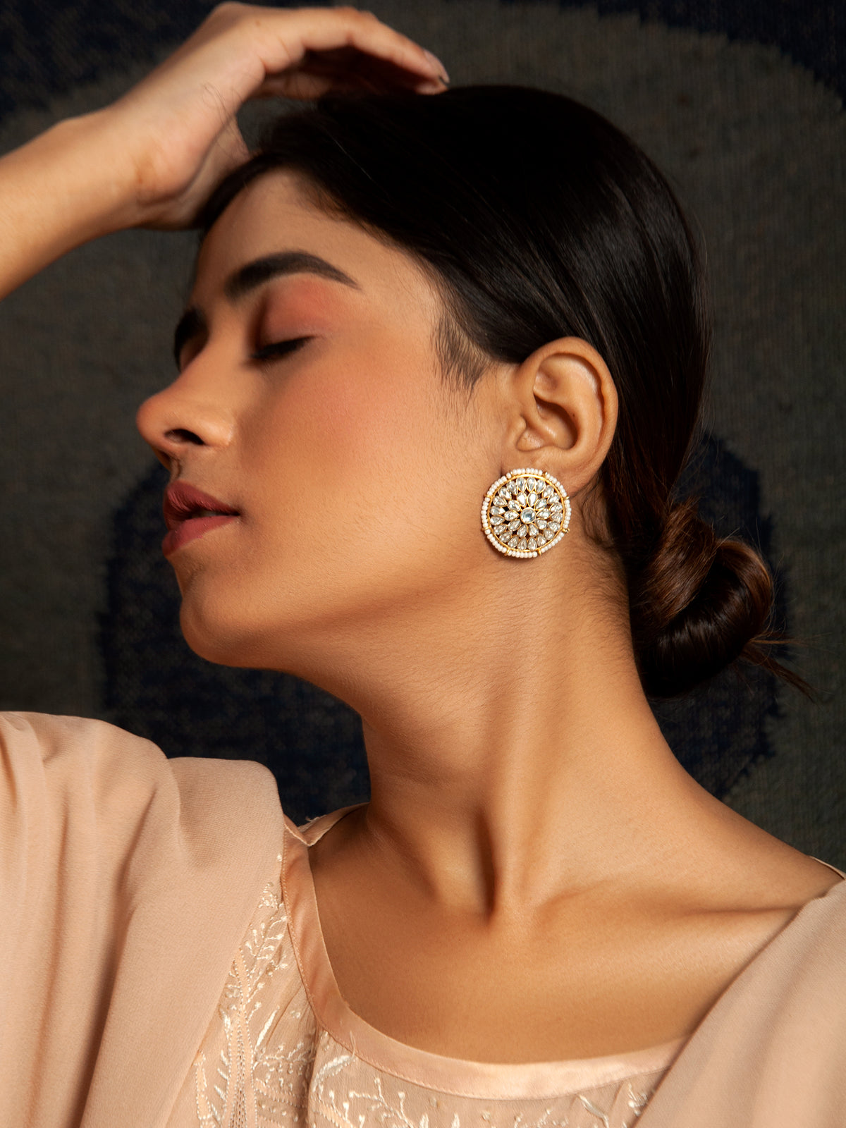Pearl Radiance: 925 Sterling Silver Circle Earrings with Kundan and Pearl view 5