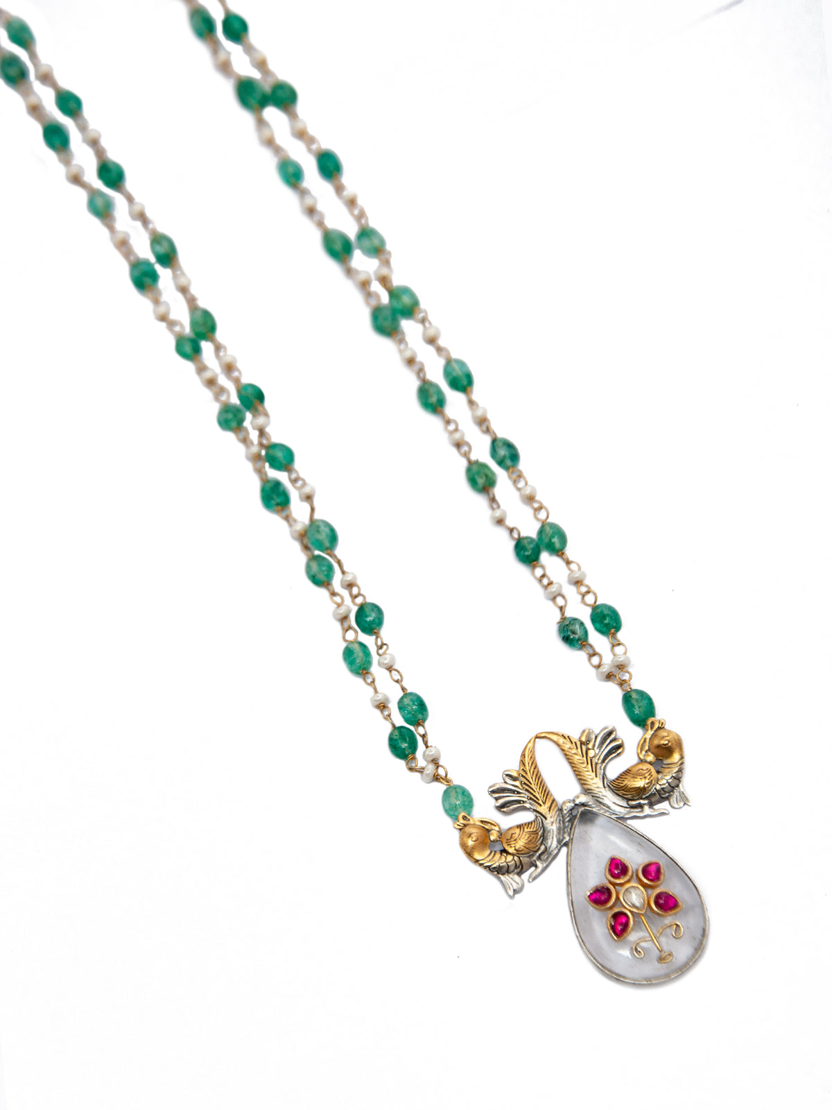 Avian Elegance: 925 Silver Fusion Birds Motif Necklace with Crystal Quartz Inlay Work view 3