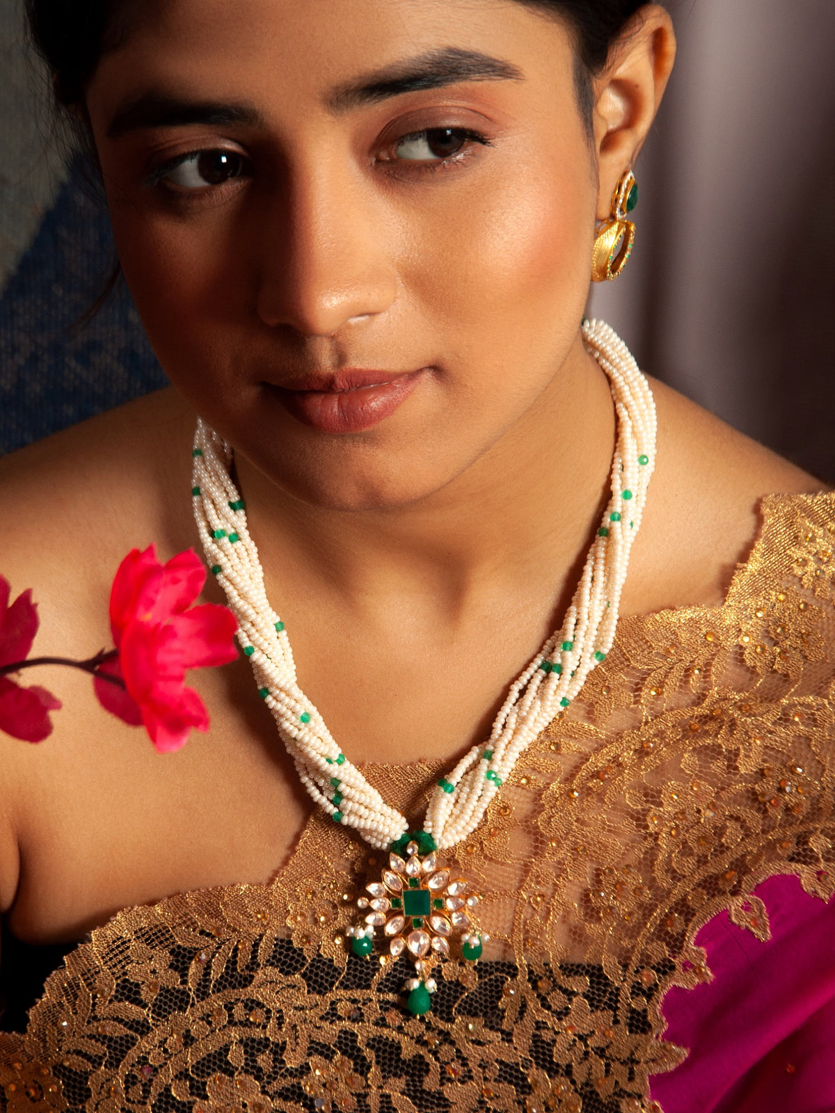 Verdant Luminescence: 925 Silver Gold Plated Moissanite Necklace with Green Onyx and Pearl Beads view 4