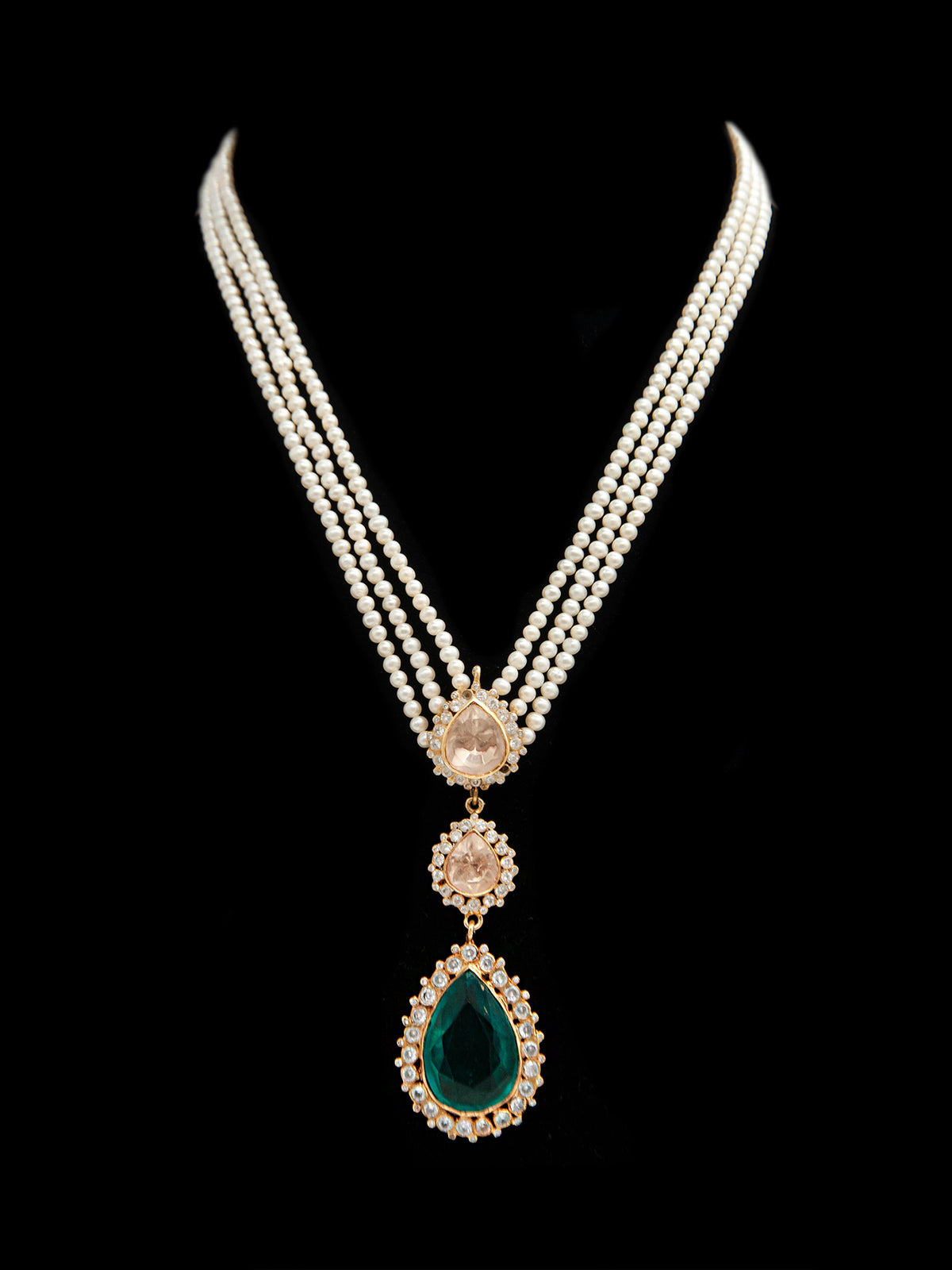 Green Moissanite Harmony: 925 Silver Double Moissanite Necklace with Pearl and Green Gemstone view 2