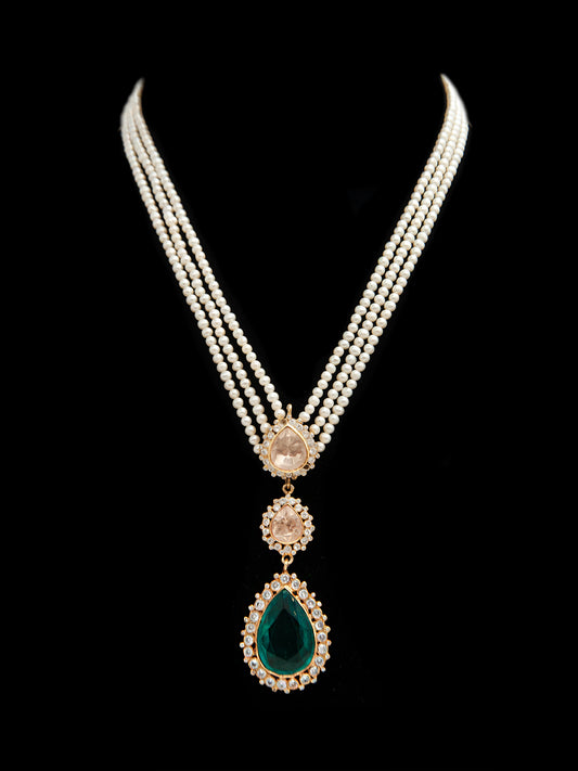 Green Moissanite Harmony: 925 Silver Double Moissanite Necklace with Pearl and Green Gemstone