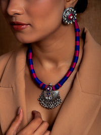 Tribal Ghungroo Symphony: 925 Silver Necklace with Pink and Blue Thread view 3