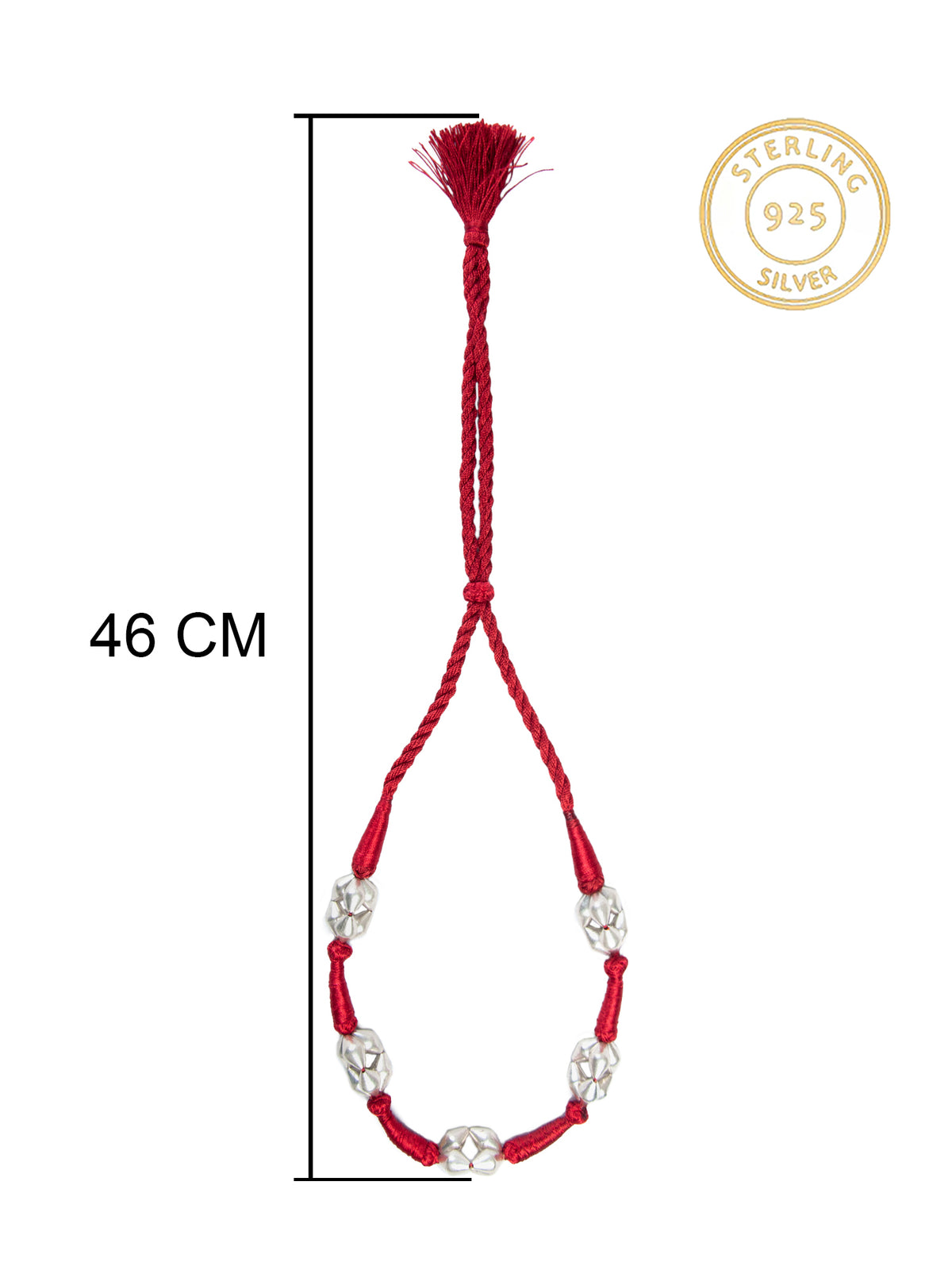 Dholki Bead Delight: 925 Silver Necklace with Red Silk Thread view 7