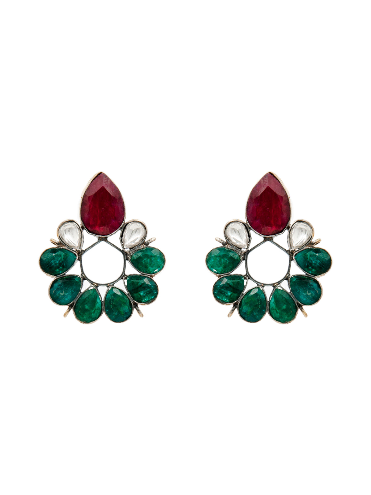Regal Harmony: 925 Sterling Silver Earrings with Green Onyx, Ruby, and Kundan view 2