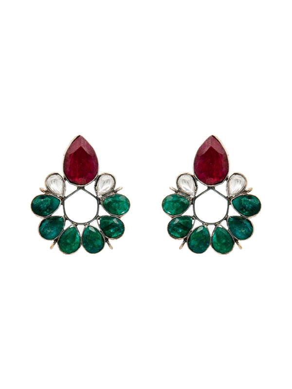 Regal Harmony: 925 Sterling Silver Earrings with Green Onyx, Ruby, and Kundan alternate