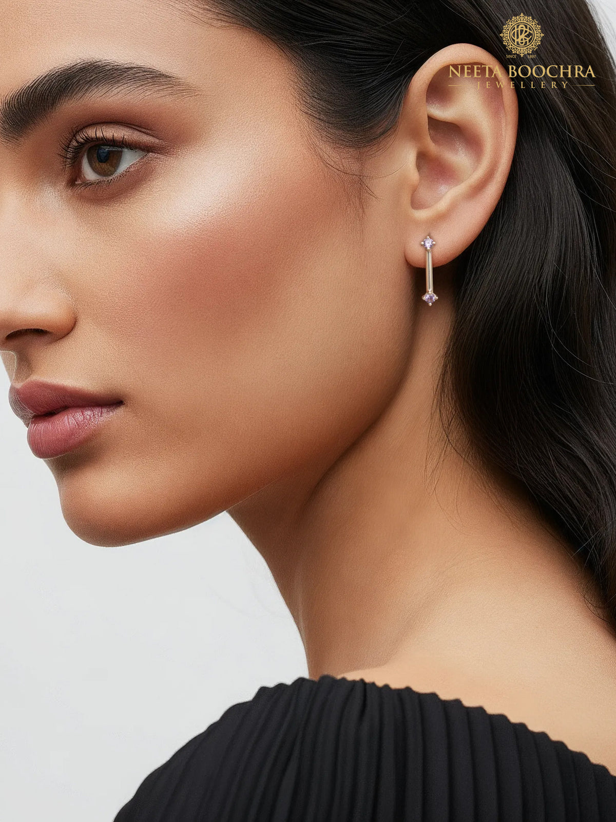 Nitya 925 Silver Tube Earrings with Amethyst Stone view 4