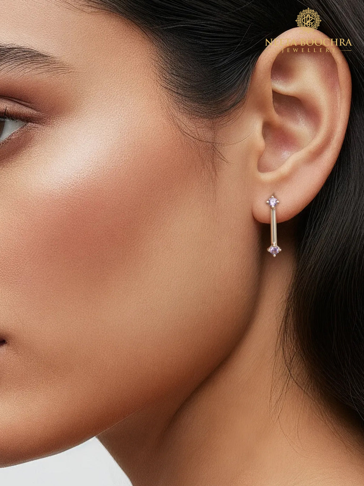 Nitya 925 Silver Tube Earrings with Amethyst Stone view 5