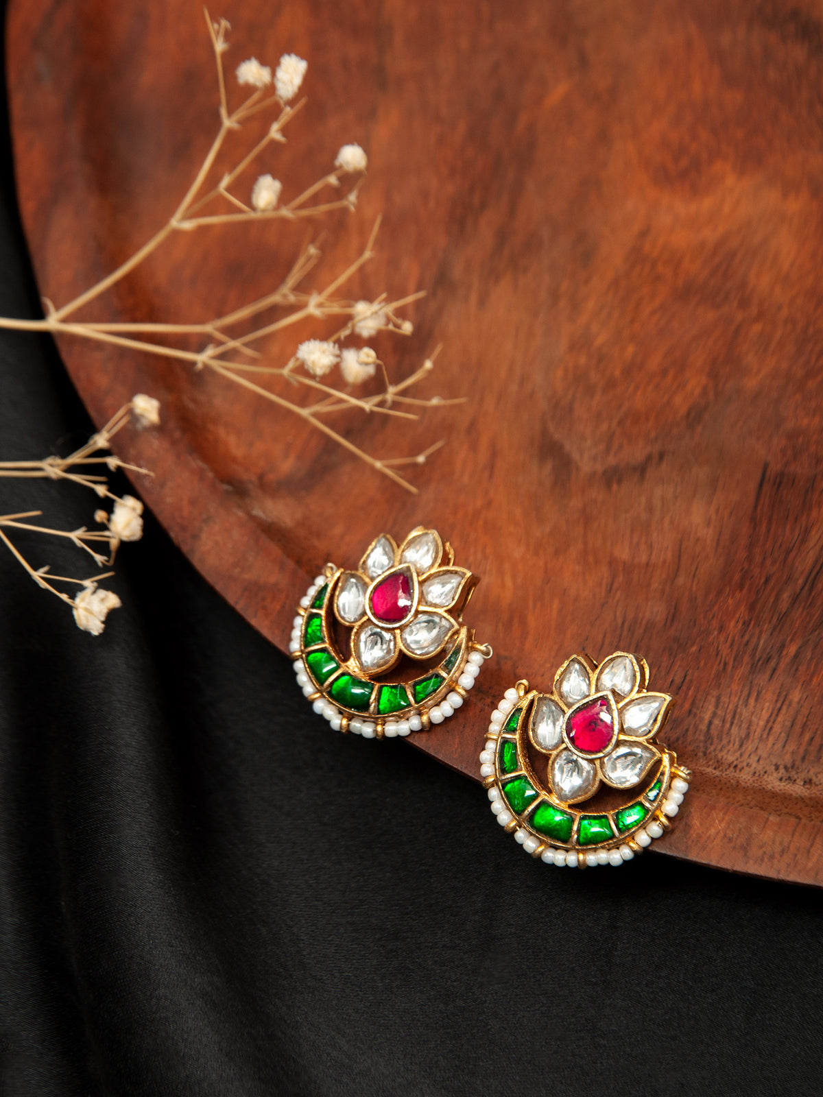 Royal Garden: 925 Sterling Silver Floral Earrings with Multicolor Kundan view 1