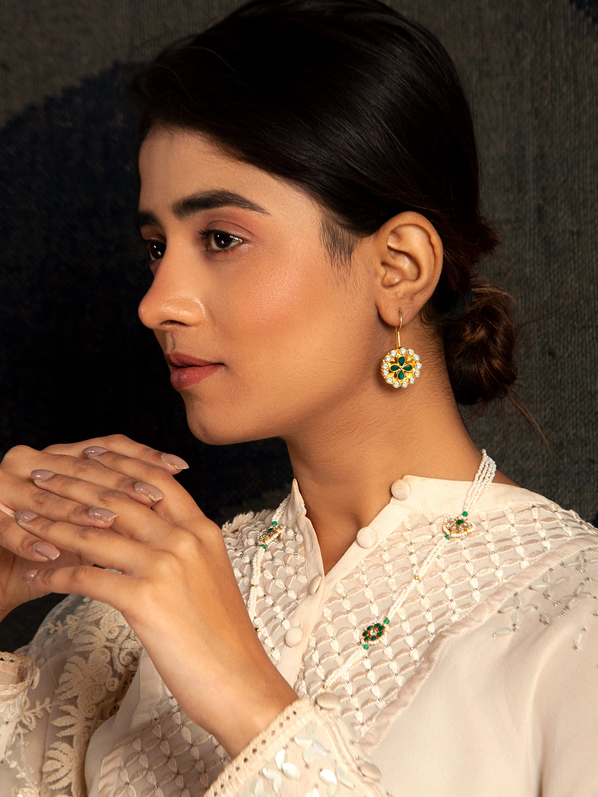Green Elegance: 925 Sterling Silver Earrings with White Kundan and Green Onyx view 5