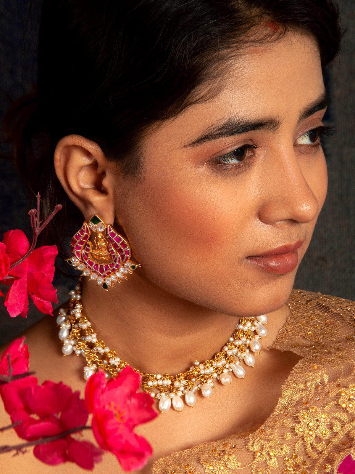 Swarna Mandir Kundan Earrings: 925 Sterling Silver Gold Plated view 5
