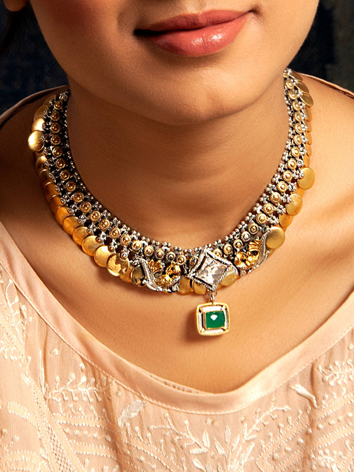 Verdant Harmony: 925 Silver Classic Two Tone Necklace with Moissanite and Green Onyx Gemstone Motif view 3