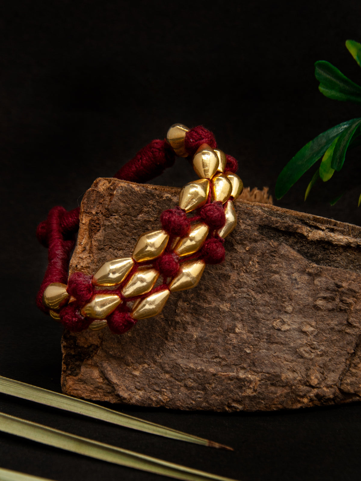 Maroon Melody: 925 Silver Gold Plated Dholki Bead Bracelet view 3