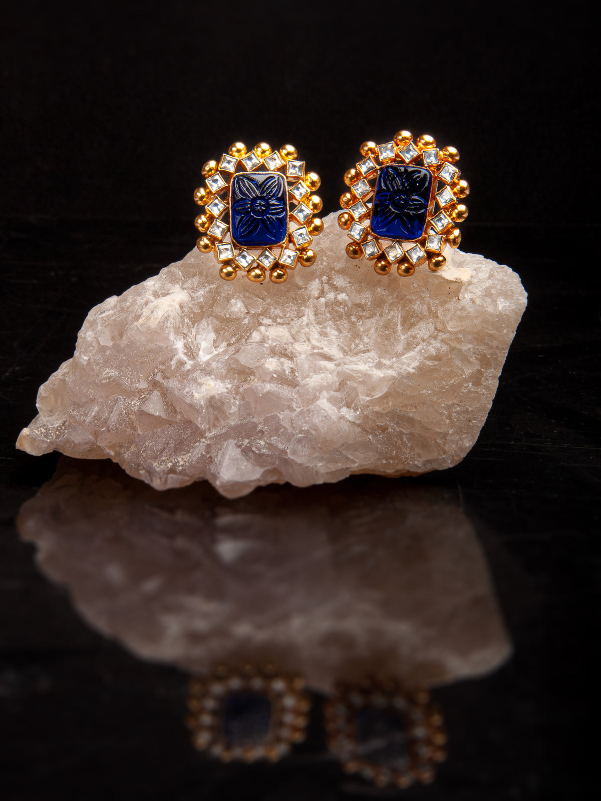 Blue Floral Carved Rectangle Earrings with Kundan Sparkle view 2