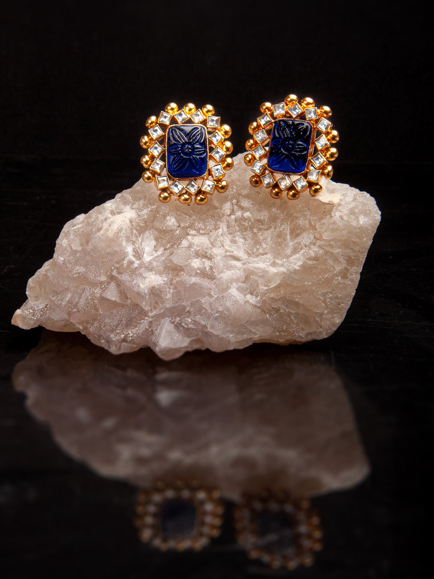 Blue Floral Carved Rectangle Earrings with Kundan Sparkle