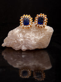 Blue Floral Carved Rectangle Earrings with Kundan Sparkle view 2