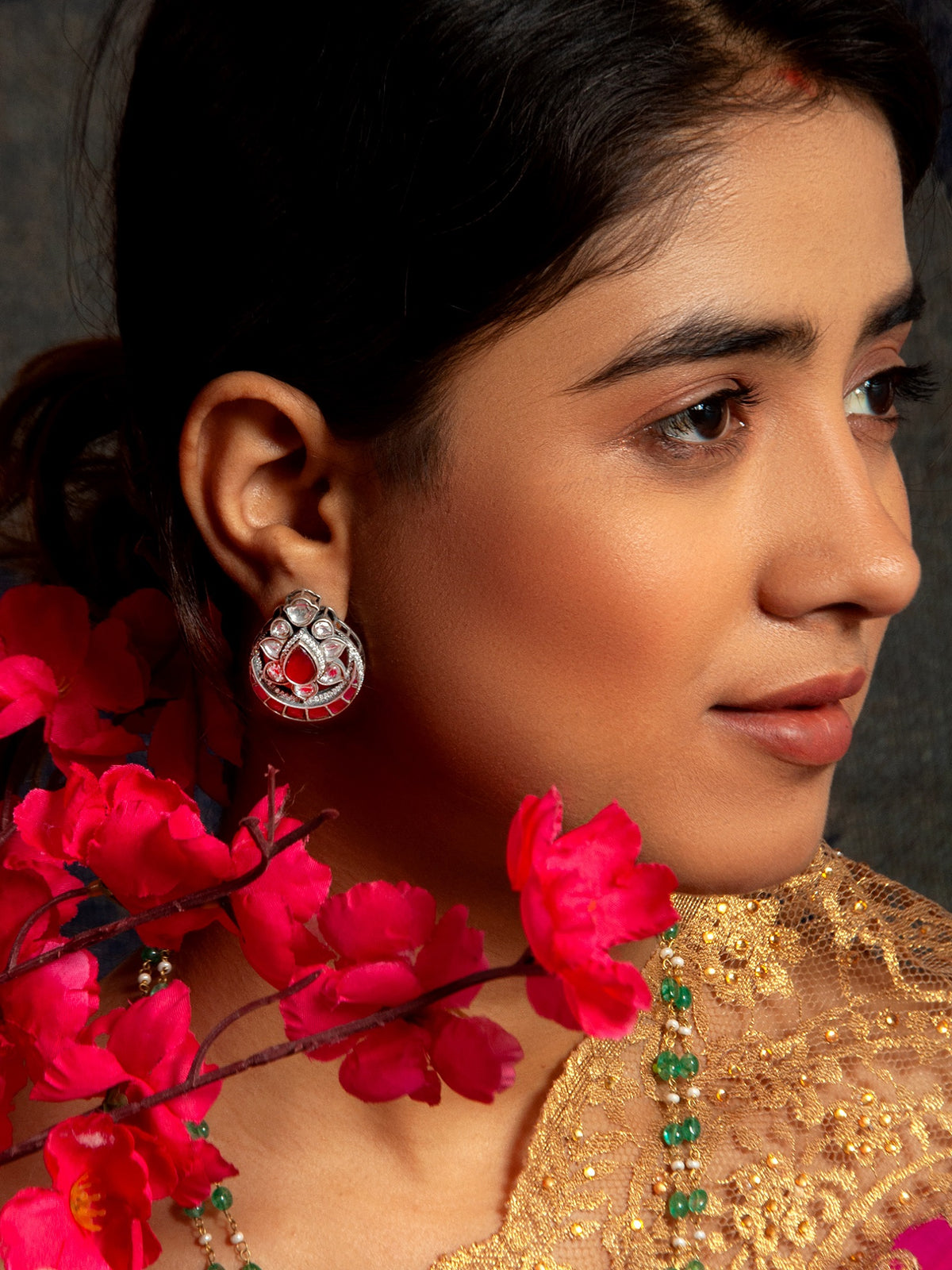 Sone Ki Laal Chandbali Kundan Studs: 925 Sterling Silver view 3