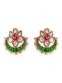 Royal Garden: 925 Sterling Silver Floral Earrings with Multicolor Kundan view 2