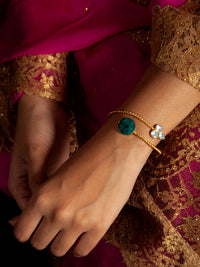 Green Radiance: 925 Silver Gold Plated Bangle Cuff with Green Gemstone and White Kundan view 3
