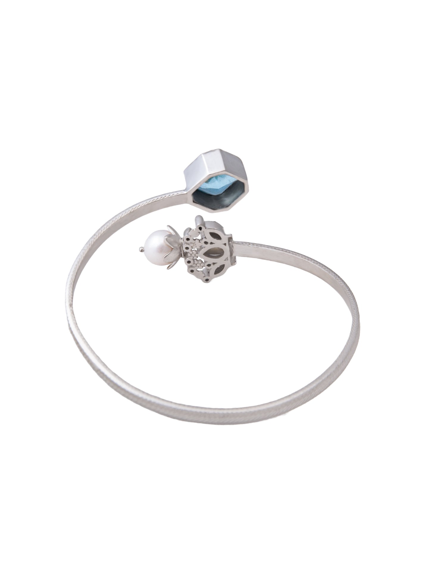 925 Sterling Silver Bangle With Aquamarine Pearl Kundan & CZ Stone