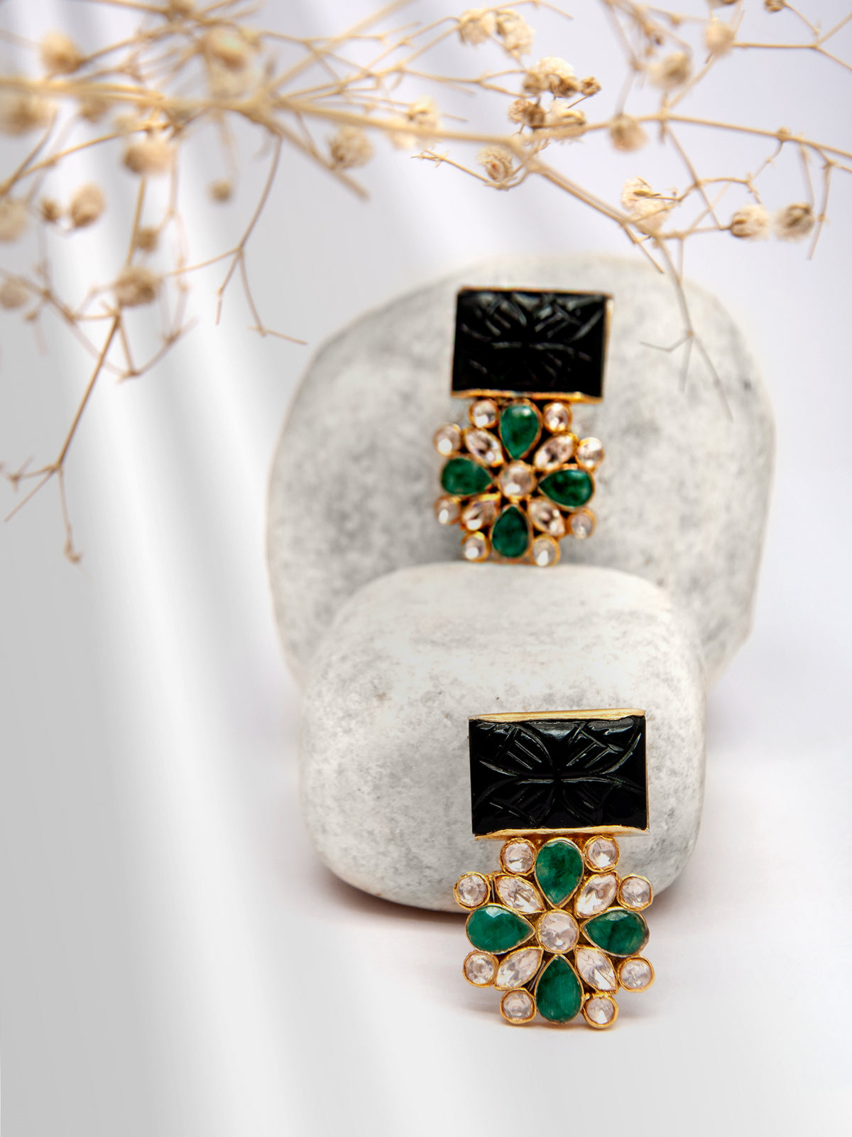 Midnight Sparkle : 925 Silver Moissanite Earrings with Black Carved Stone view 1