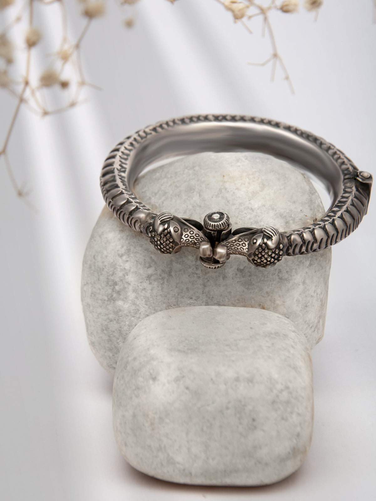 Serpentine Charm: 925 Silver Tribal Snake Motif Bangle view 1