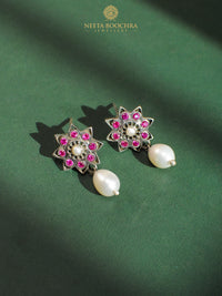 Nitya 925 Silver Star Earrings with Pearl Drop view 1
