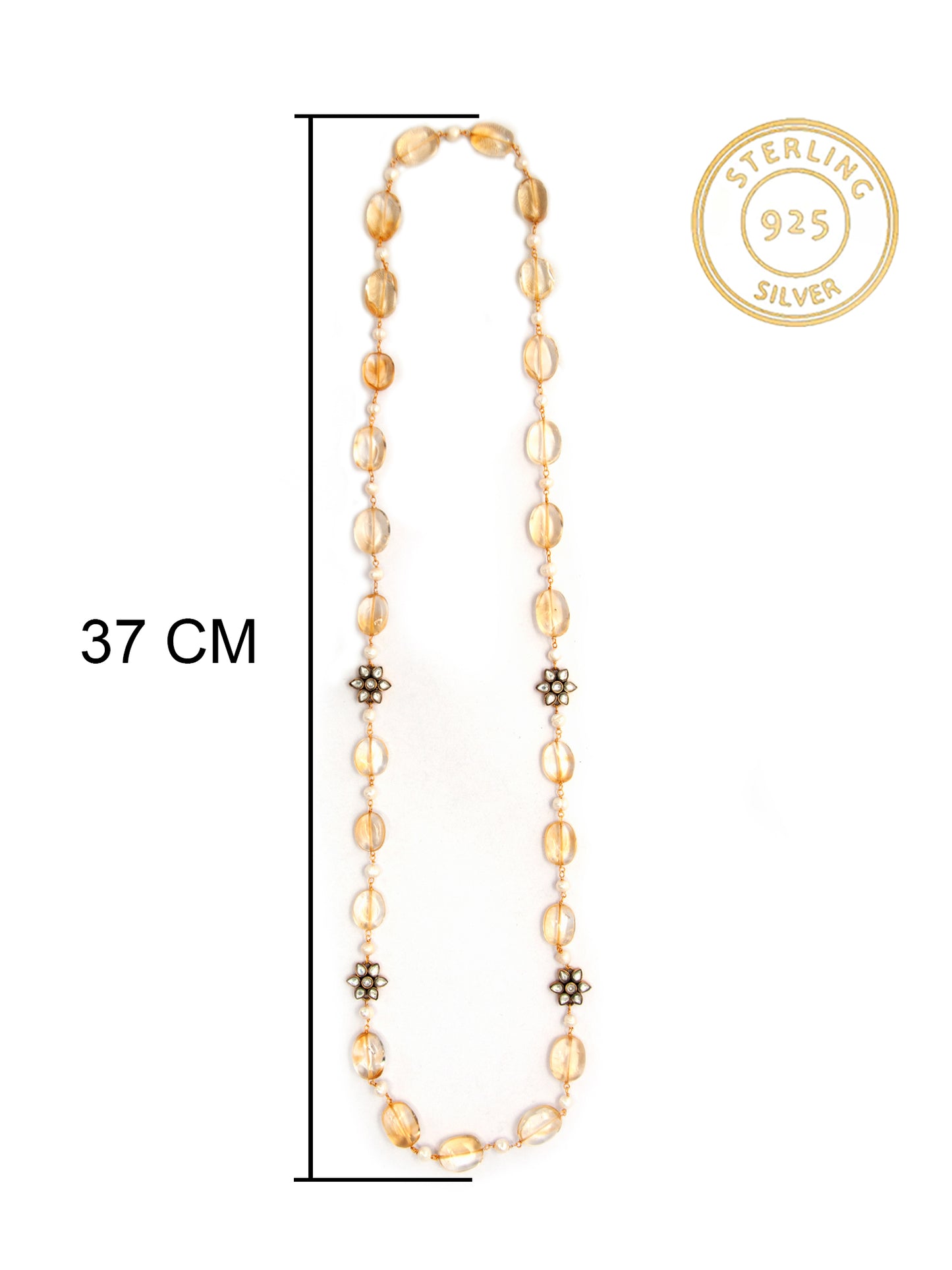 Sunflower Radiance: 925 Silver Citrine Gemstone Beads Necklace with Floral Kundan Motif