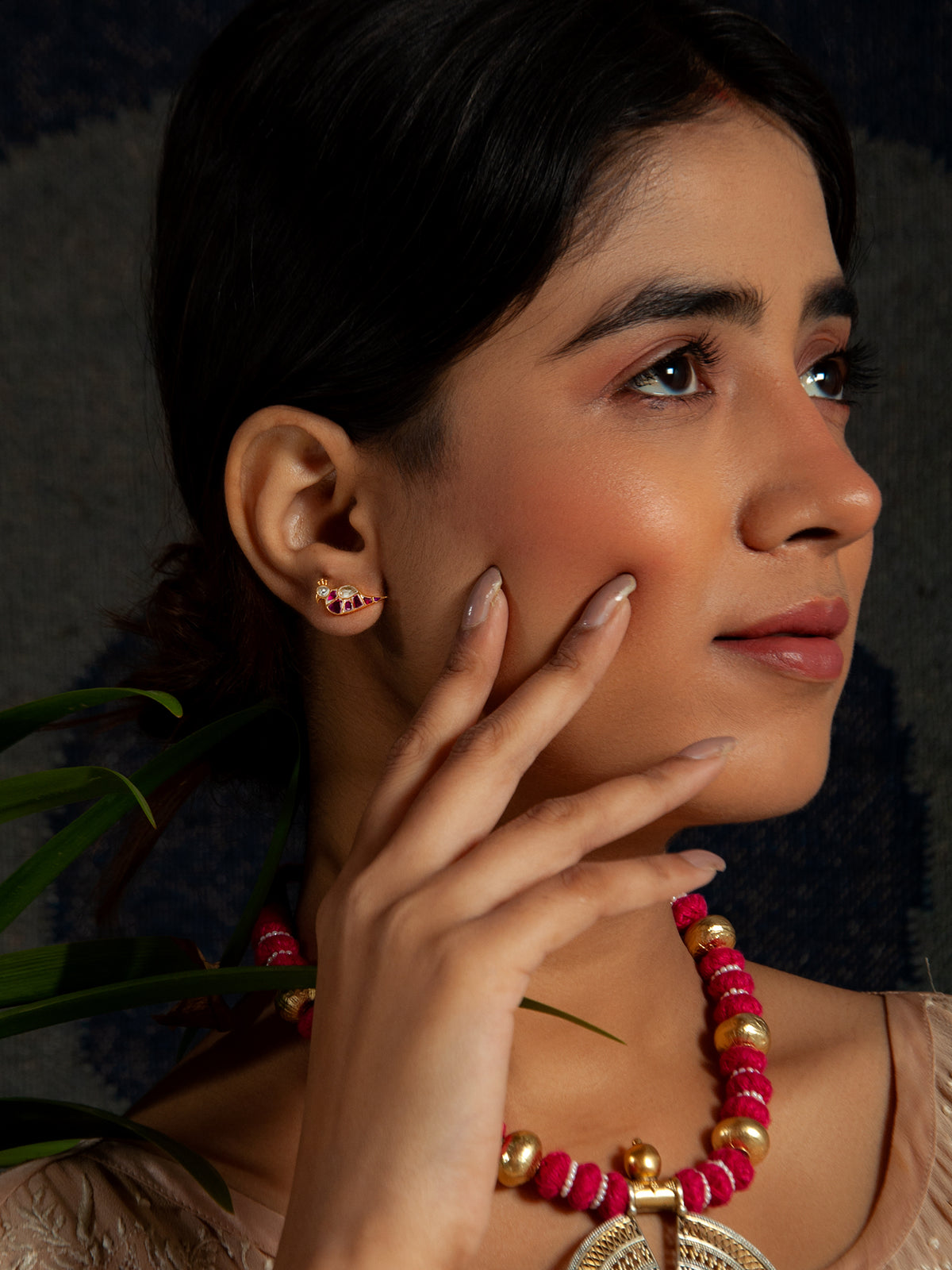 Swarnim Mayur Kundan Studs: 925 Sterling Silver Gold Plated Earrings view 3